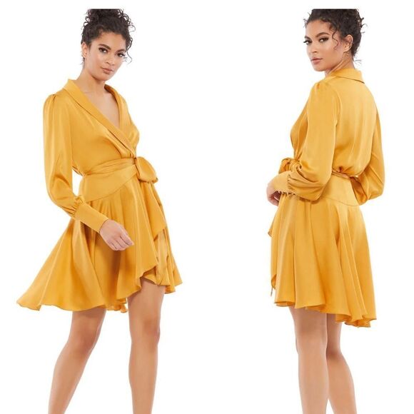 NWT Mac Duggal Cocktail Mini Long Sleeve High Low Wrap Dress size 2 gold